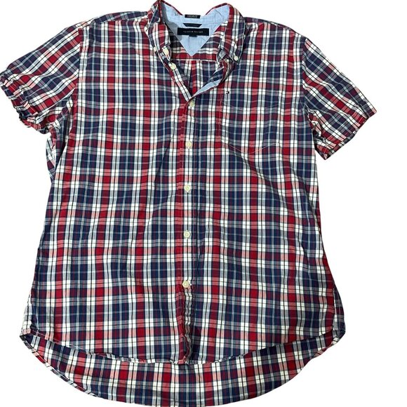 Tommy Hilfiger Red & Blue Plaid Short Sleeve Button-Down Shirt Custom Fit L/G 10 - Picture 1 of 6